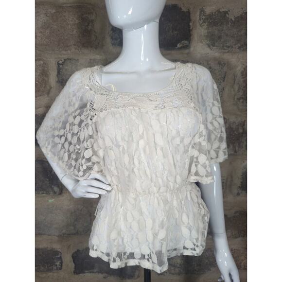 Derek‎ Heart Top Sheer Lace Peplum Hem White Flutter Sleeve Woman's Size Medium - Picture 1 of 11